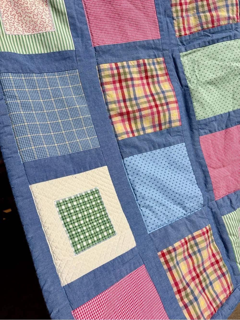 Vintage Sumersault Patchwork Baby Quilt 34x42 - Plaid Gingham Crib Nursery Quilt